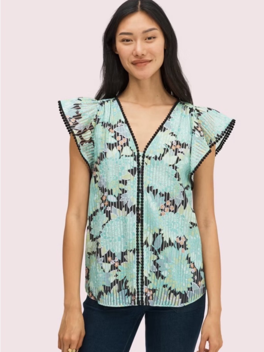Floral Mint V-Neck Flutter Sleeve Top